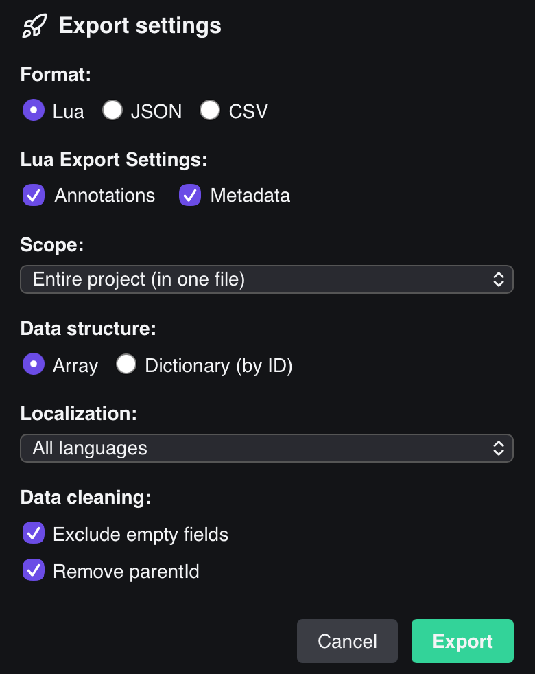 Export Options Configuration Modal